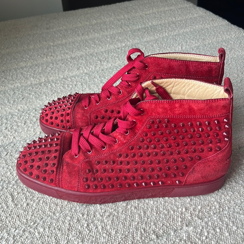 Christian Louboutin Red Suede Spike-Embellished High-Top Sneakers